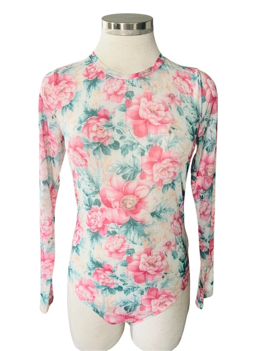 Express Fitted Mesh Floral Crew Neck Long
Sleeve Bodysuit Size Medium NWT